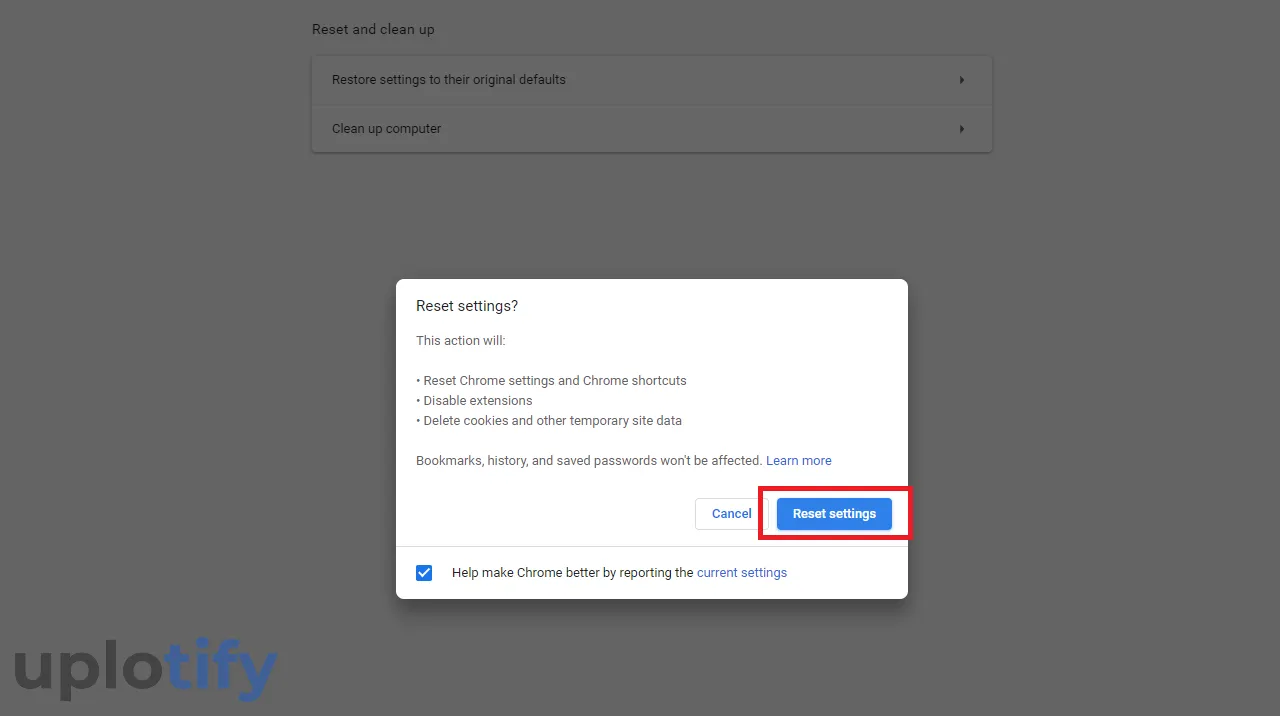 Konfirmasi Reset Settings di Chrome