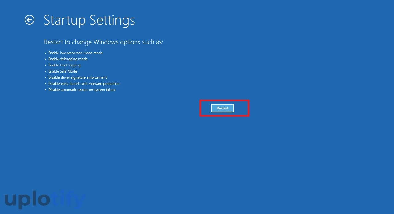 Restart Windows 11 di Startup Settings