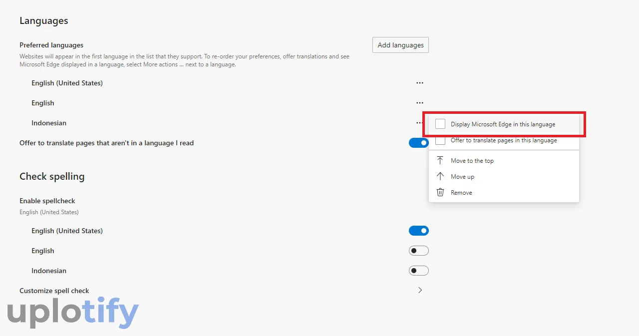 Display Language di Microsoft Edge