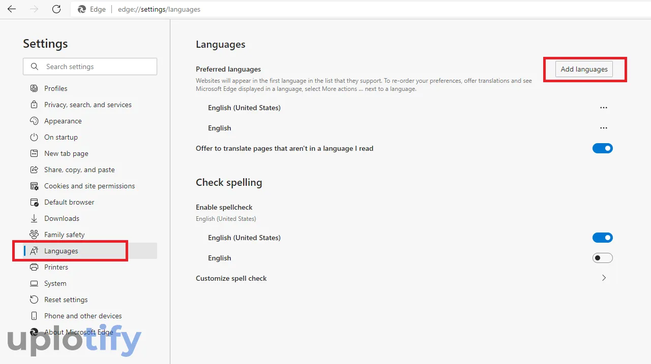 Menu Add Language di Edge