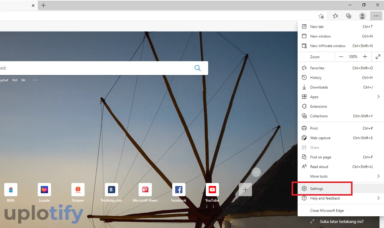 Menu Settings di Edge