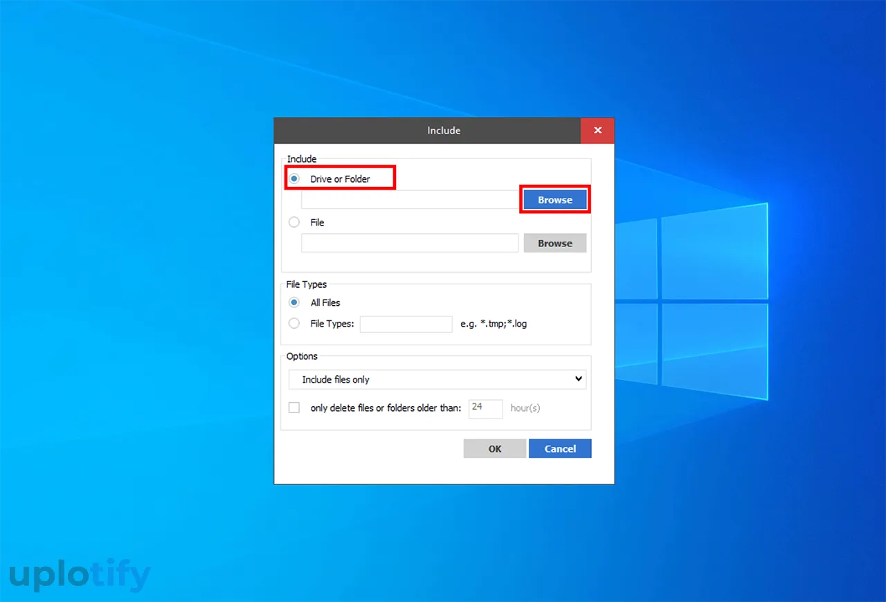 Pilih Opsi Drive or Folder Klik Browse