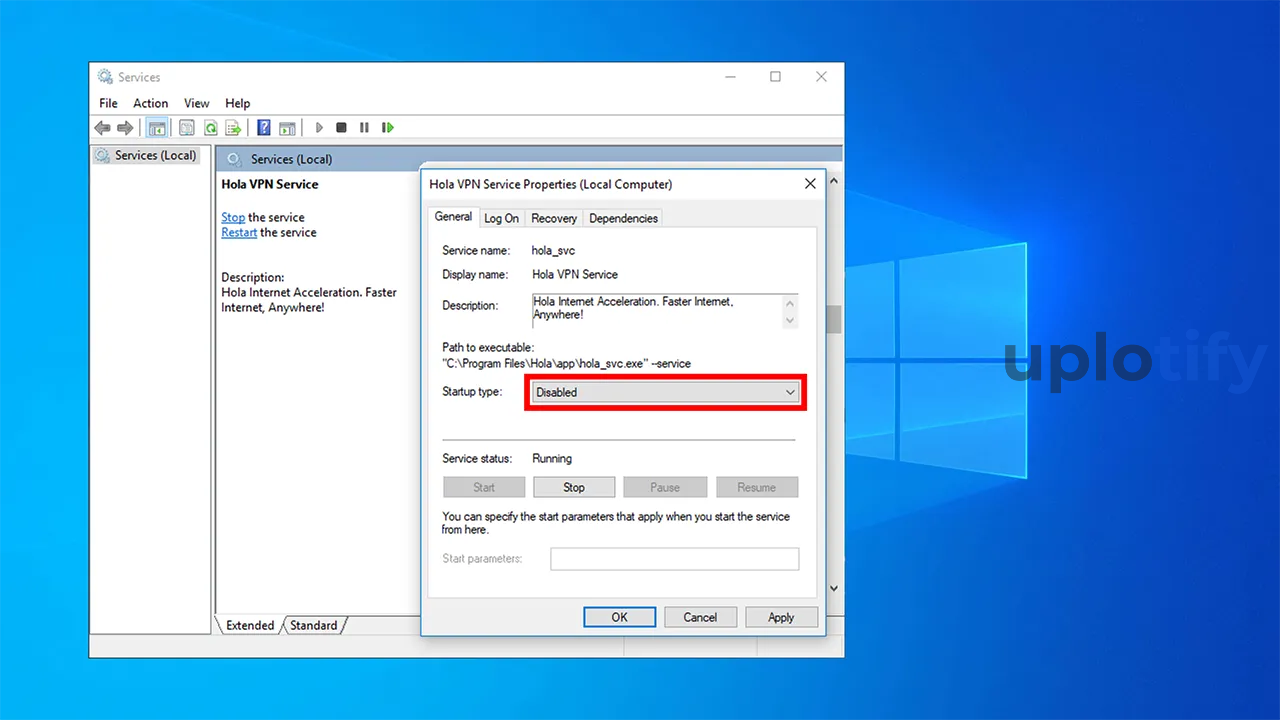 Pilih Startup Type Disabled