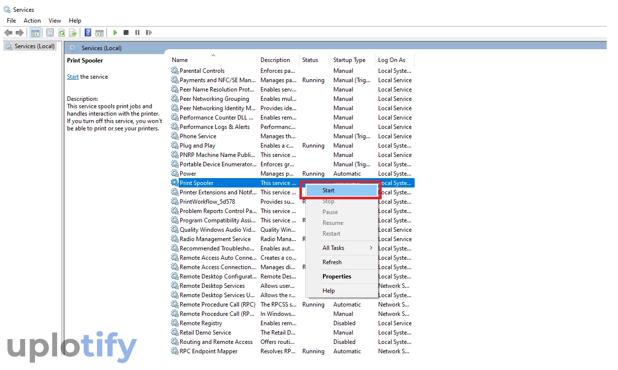 Start Print Spooler di Services