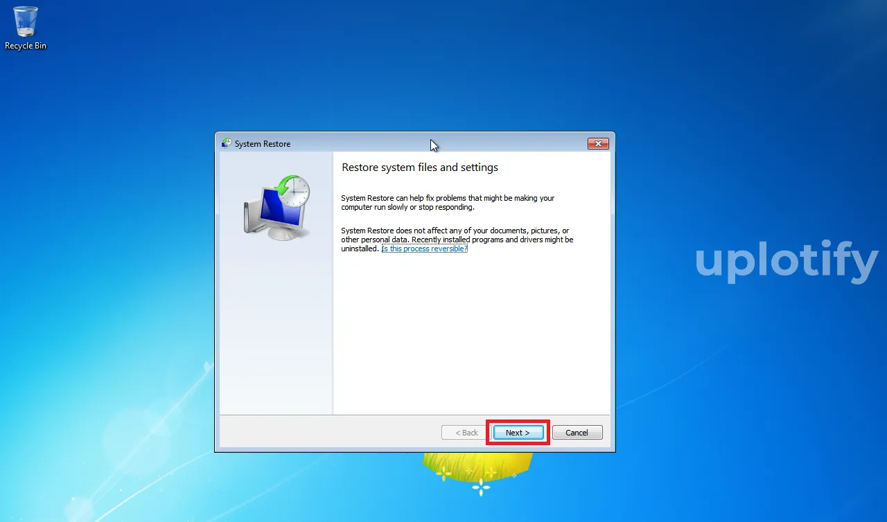 Klik Next di System Restore Windows 7