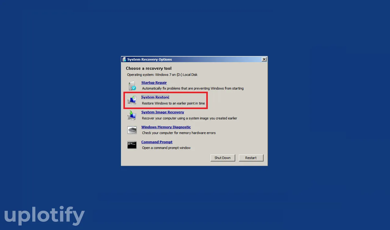 Menu System Restore di Recovery Options