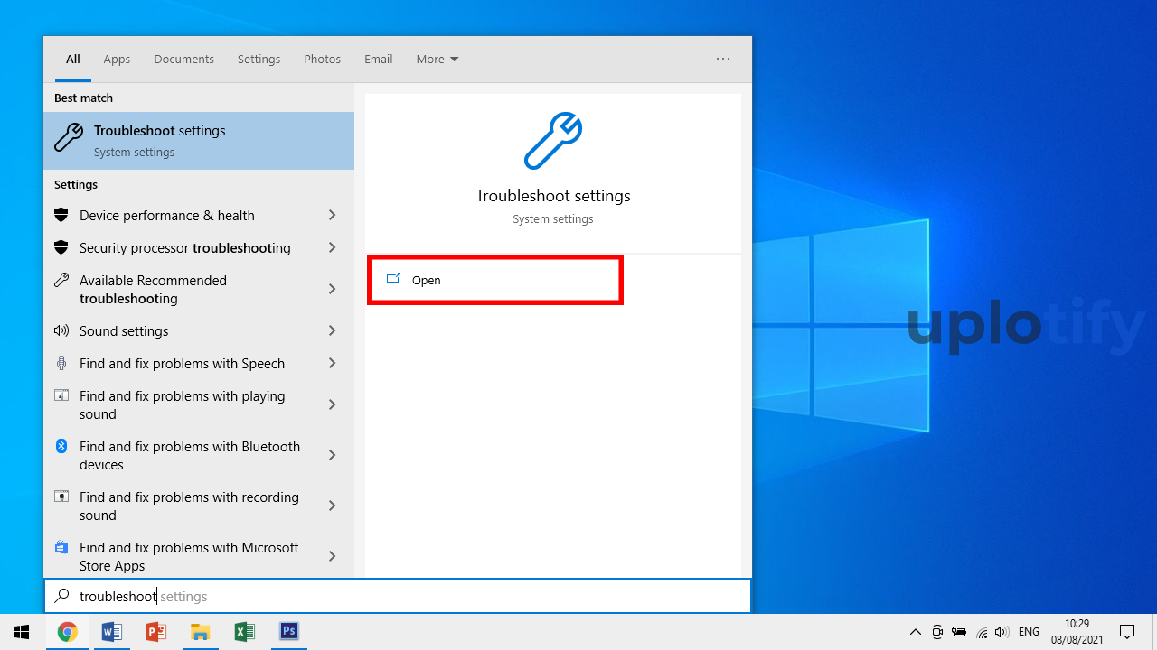 Buka Troubleshoot setting