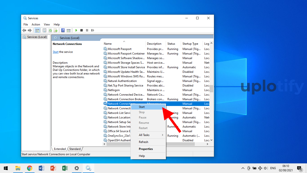 Pilih Network Connections dan Klik Start