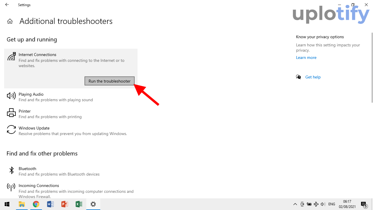 Pilih Run Troubleshooter Klik Internet Connection