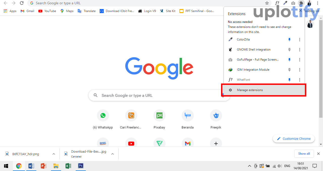 Pilih Manage Extensions Pada Chrome