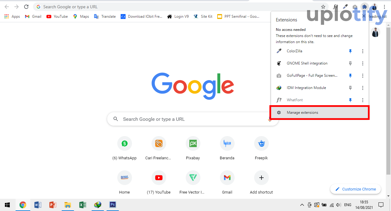 Pilih Manage Extensions di Chrome