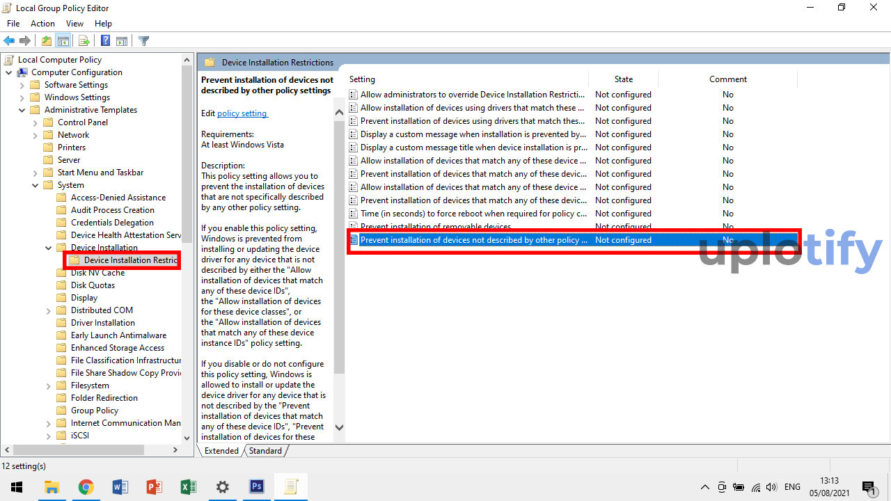 Pilih Opsi Prevent Installation of Devices Not Described By Other Policy Settings