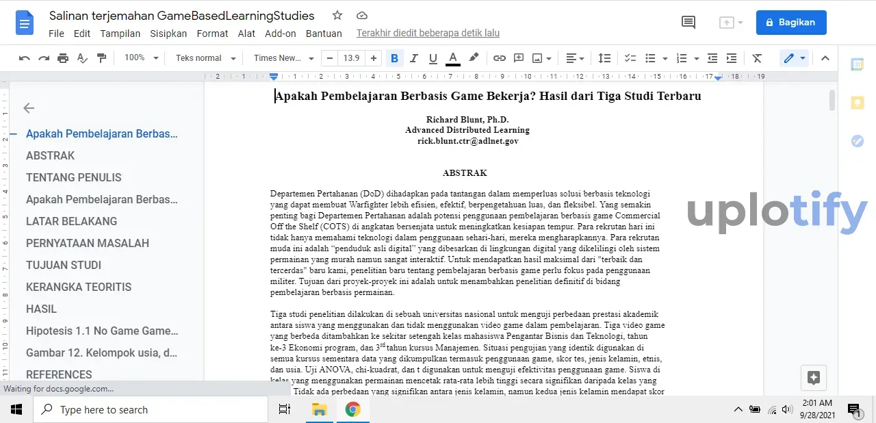 Contoh Hasil Translate Dokumen di Google Docs