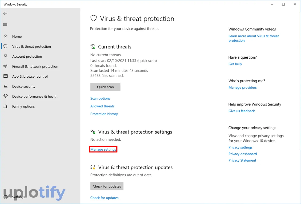 Klik Menu Virus and Threat Protection Settings