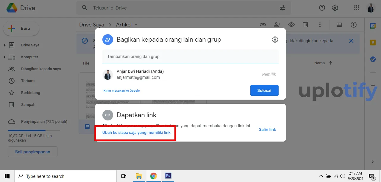 Ubah Setting Menjadi Siapa Saja yang Memiliki Link