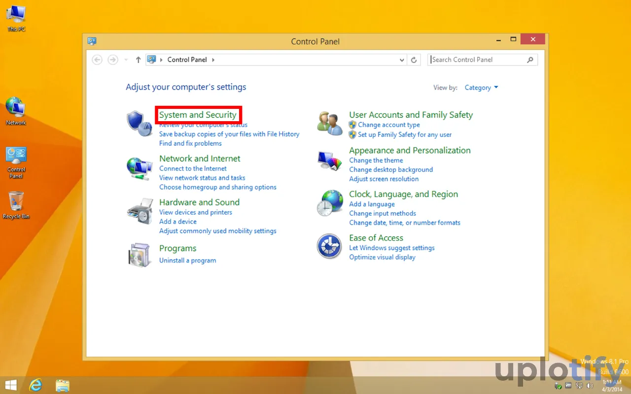 Pilih System and Security di Windows 8