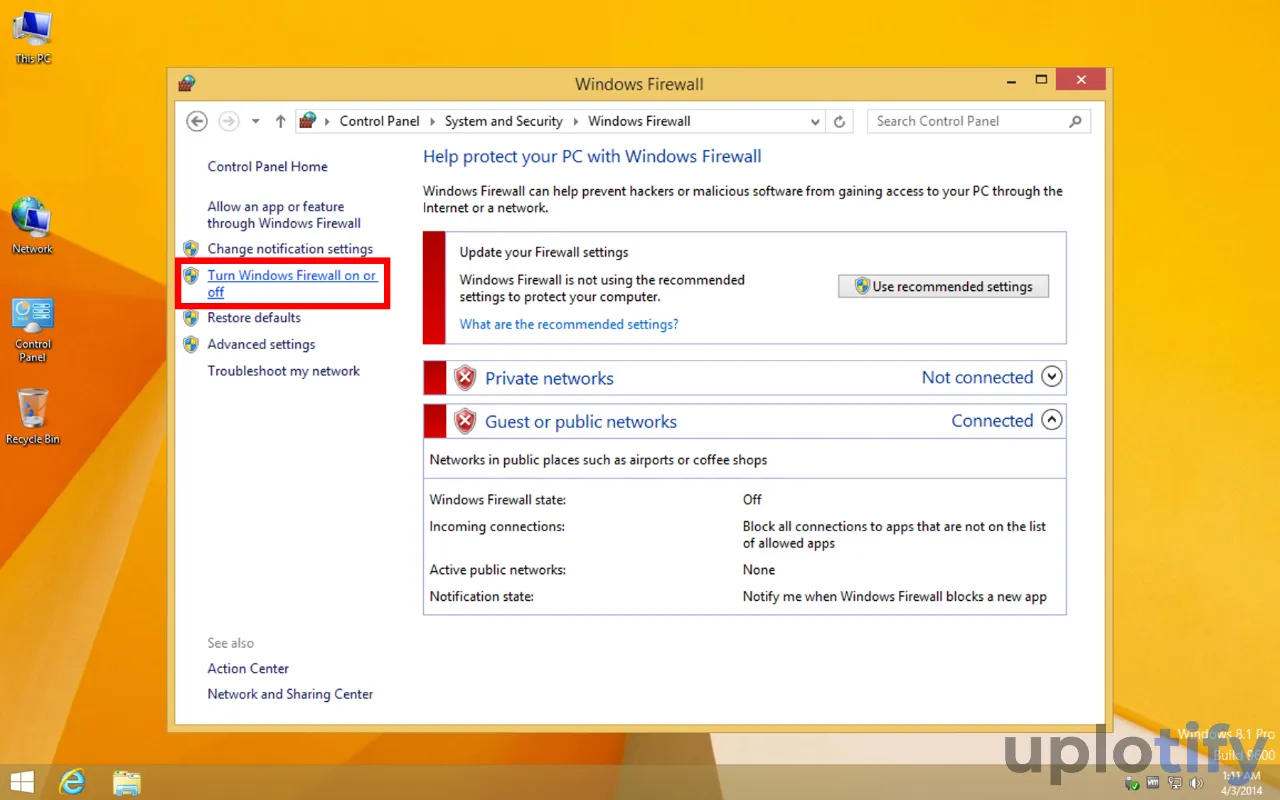 Pilih Turn On Firewall Windows 8