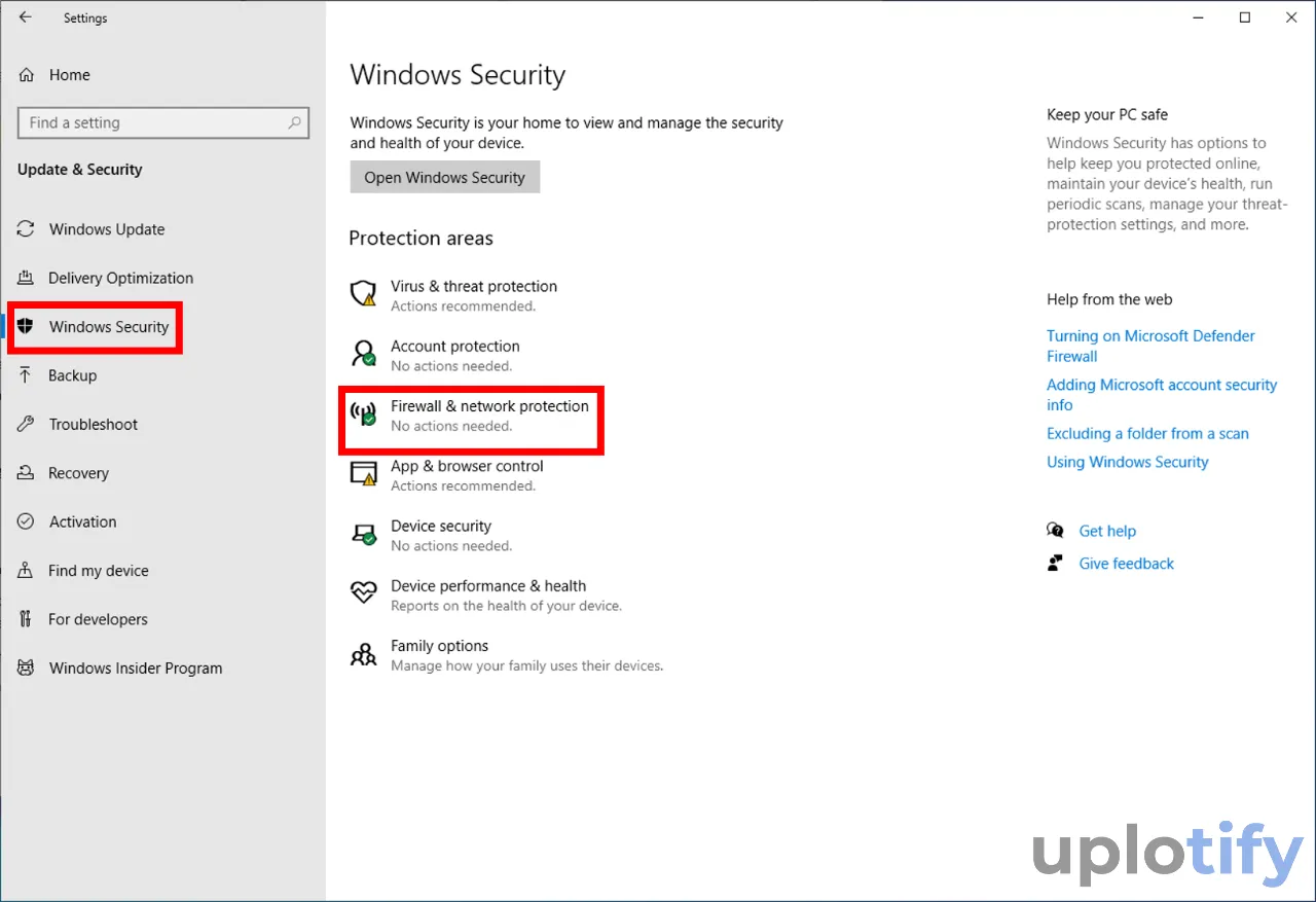 Buka Windows Security di Windows 10
