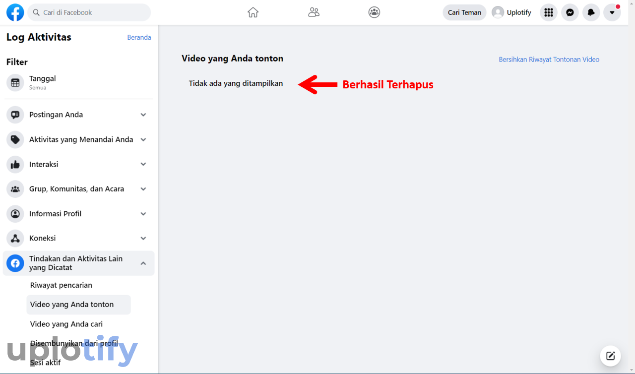 riwayat tontonan di facebook web berhasil terhapus