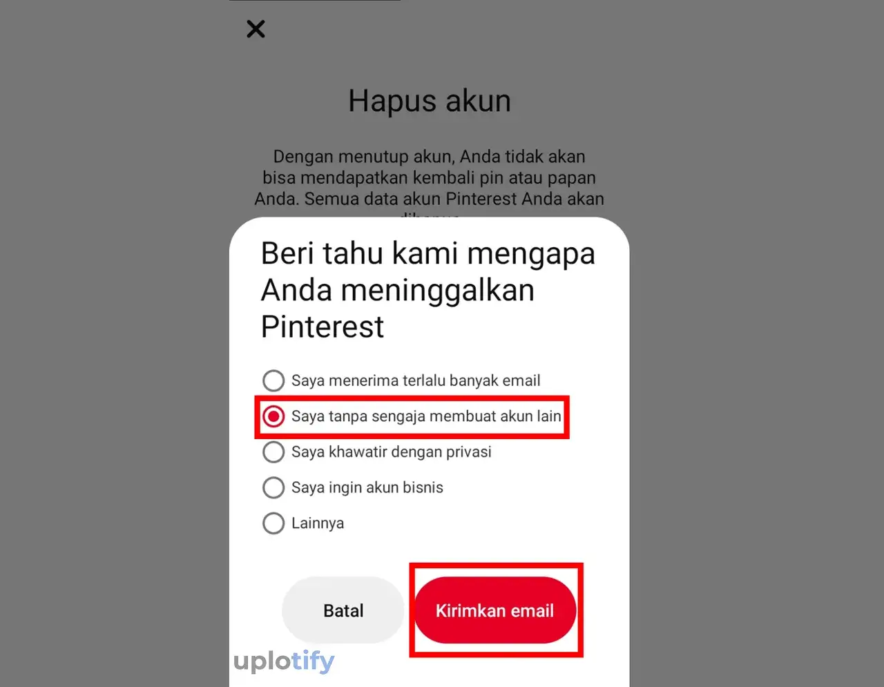 Beri Alasan Penghapusan Akun