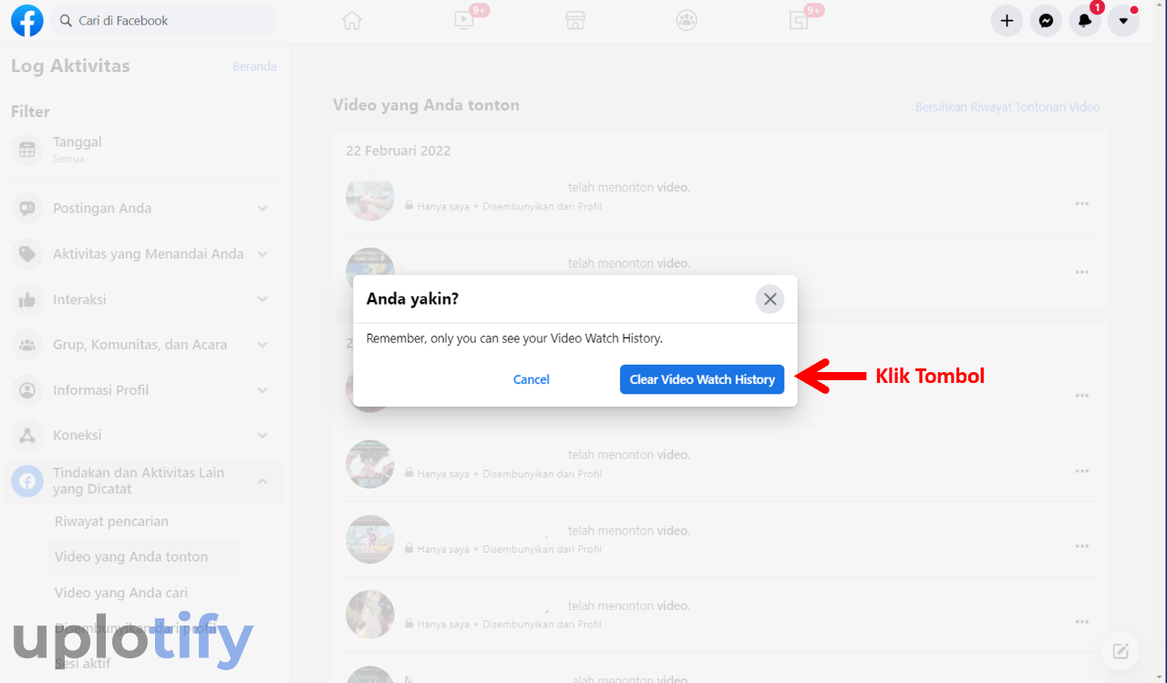 konfirmasi riwayat tontonan facebook