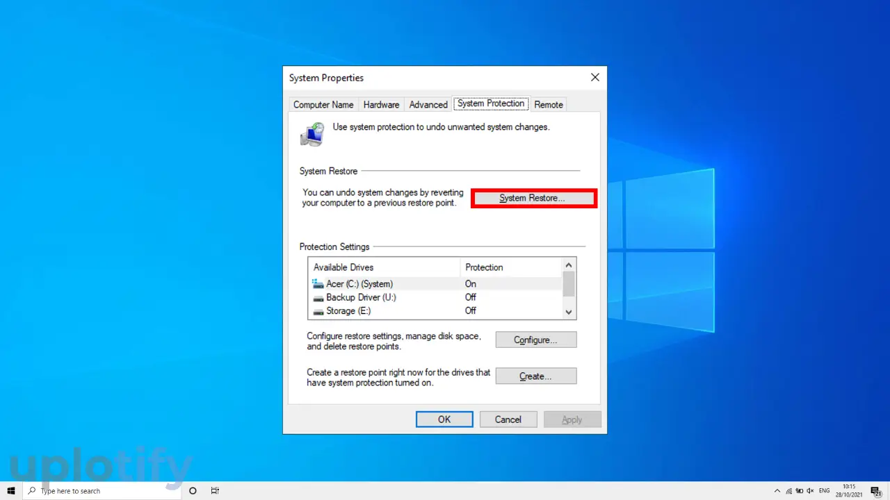 Ketuk Tombol System Restore di Windows