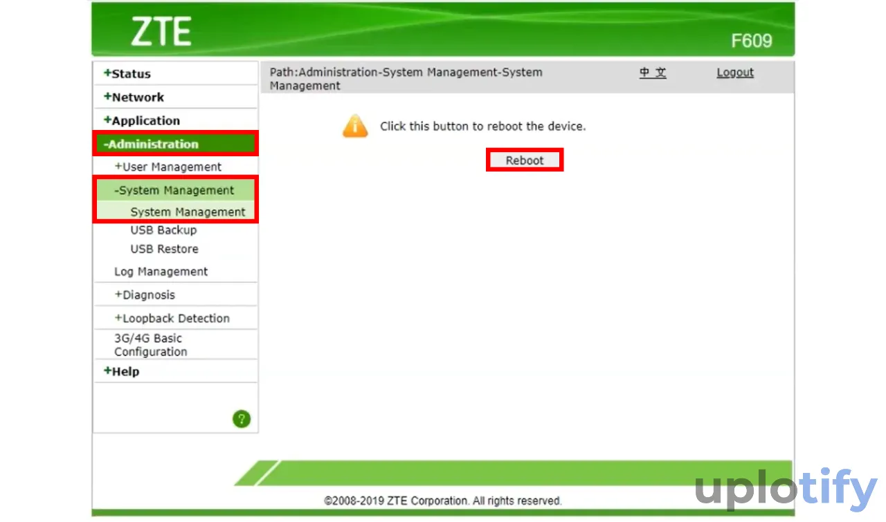 Klik Reboot Modem ZTE