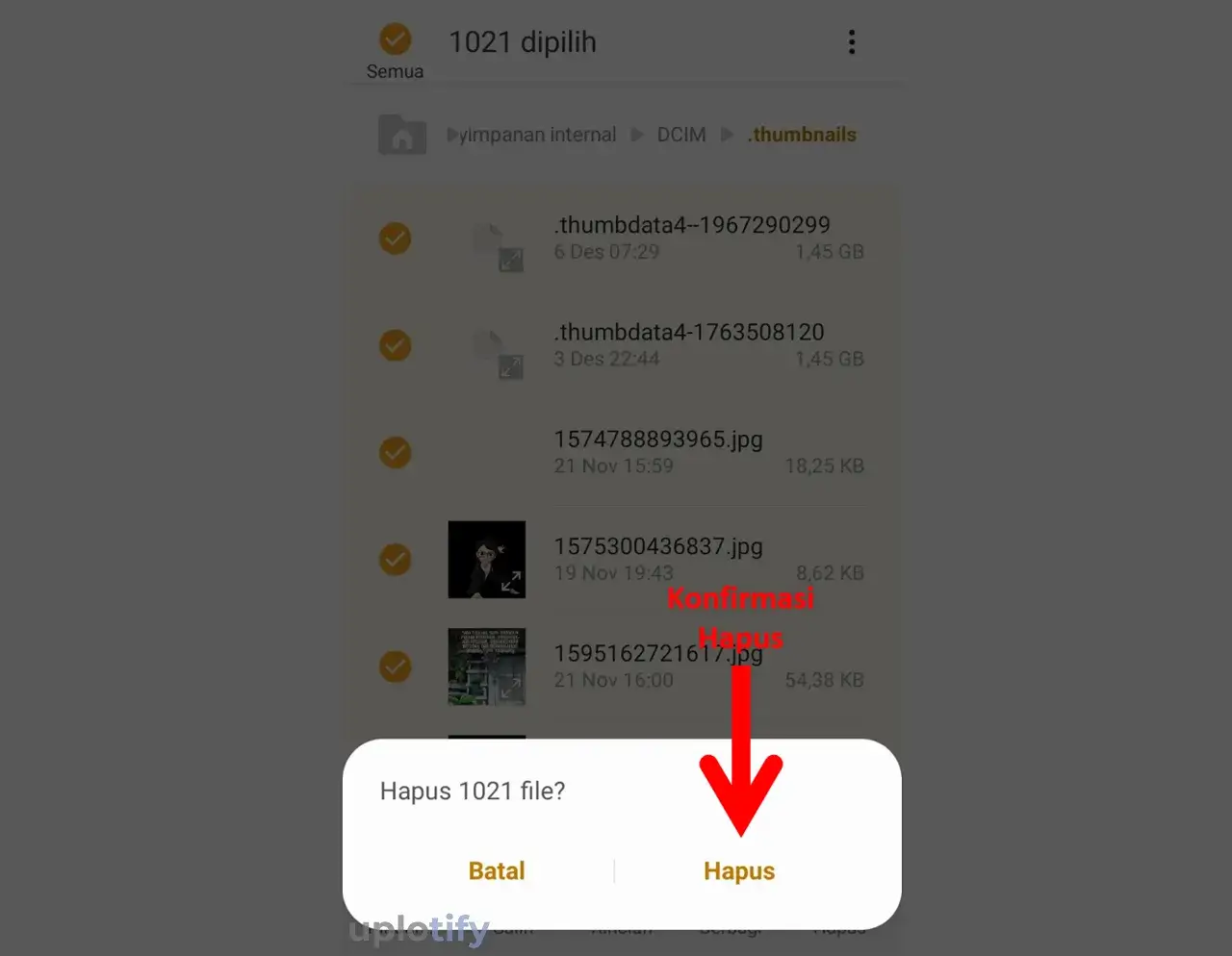 Konfirmasi Hapus File Thumbnail di HP