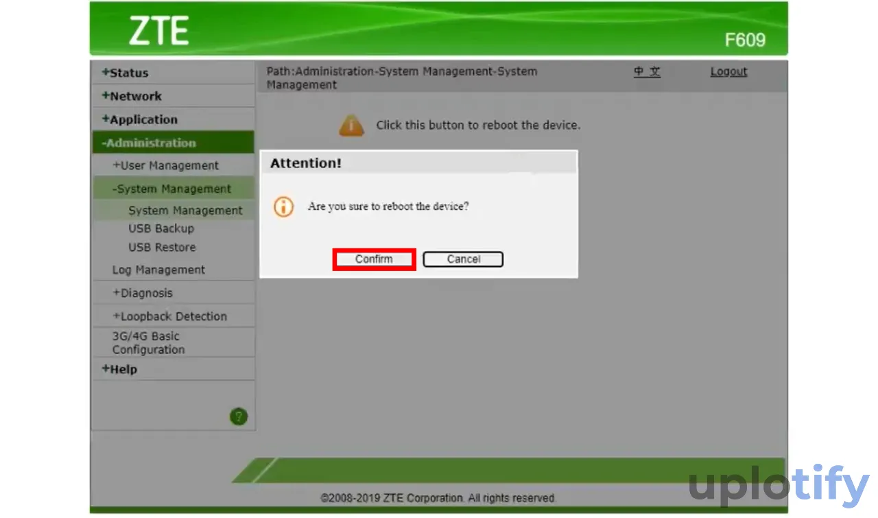 Konfirmasi Reboot Modem ZTE