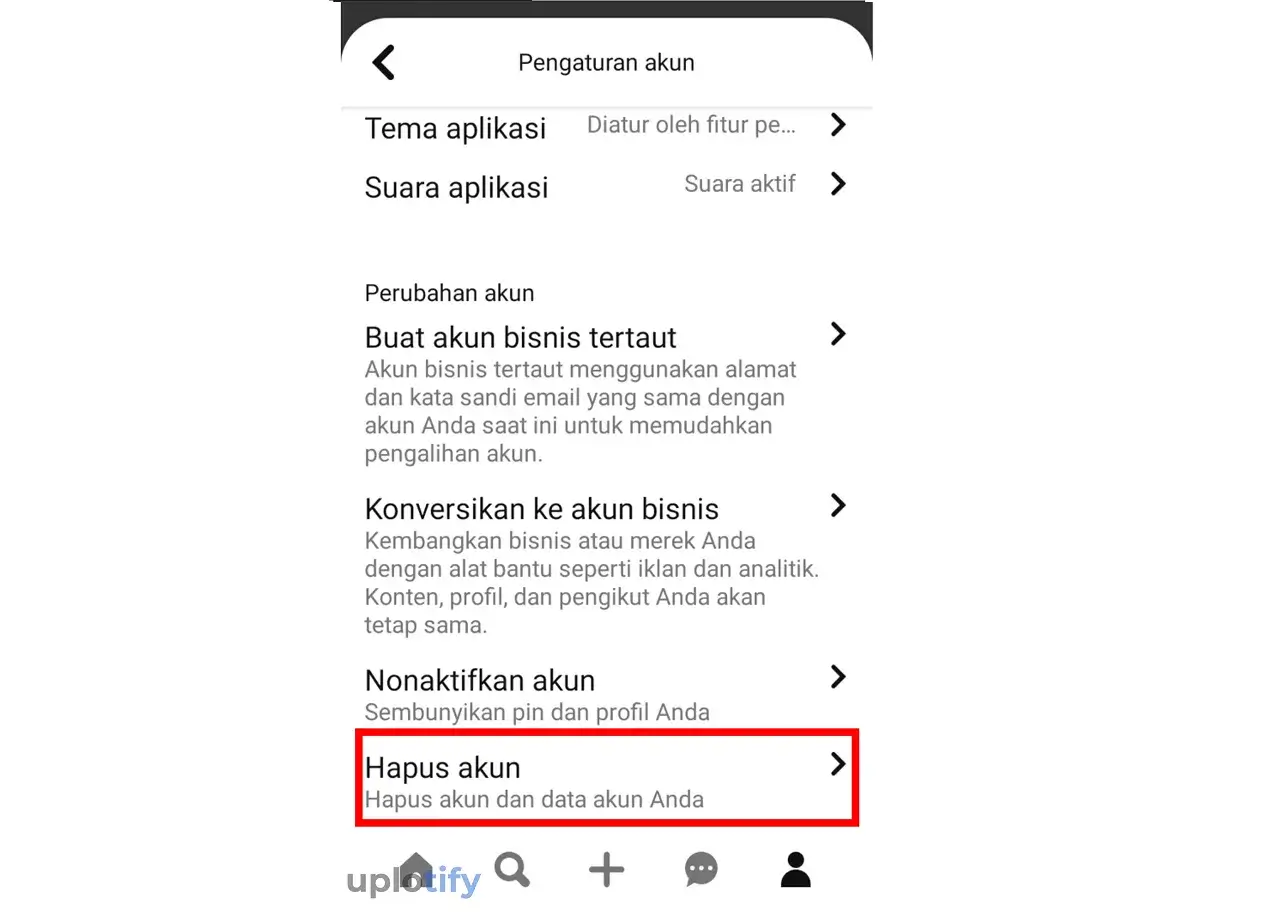 Opsi Hapus Akun Pinterest