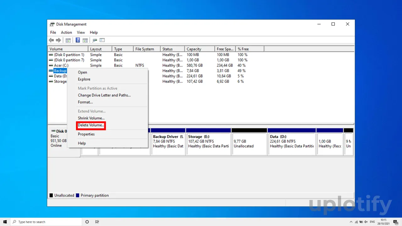 Pilih Delete Volume di Disk Management