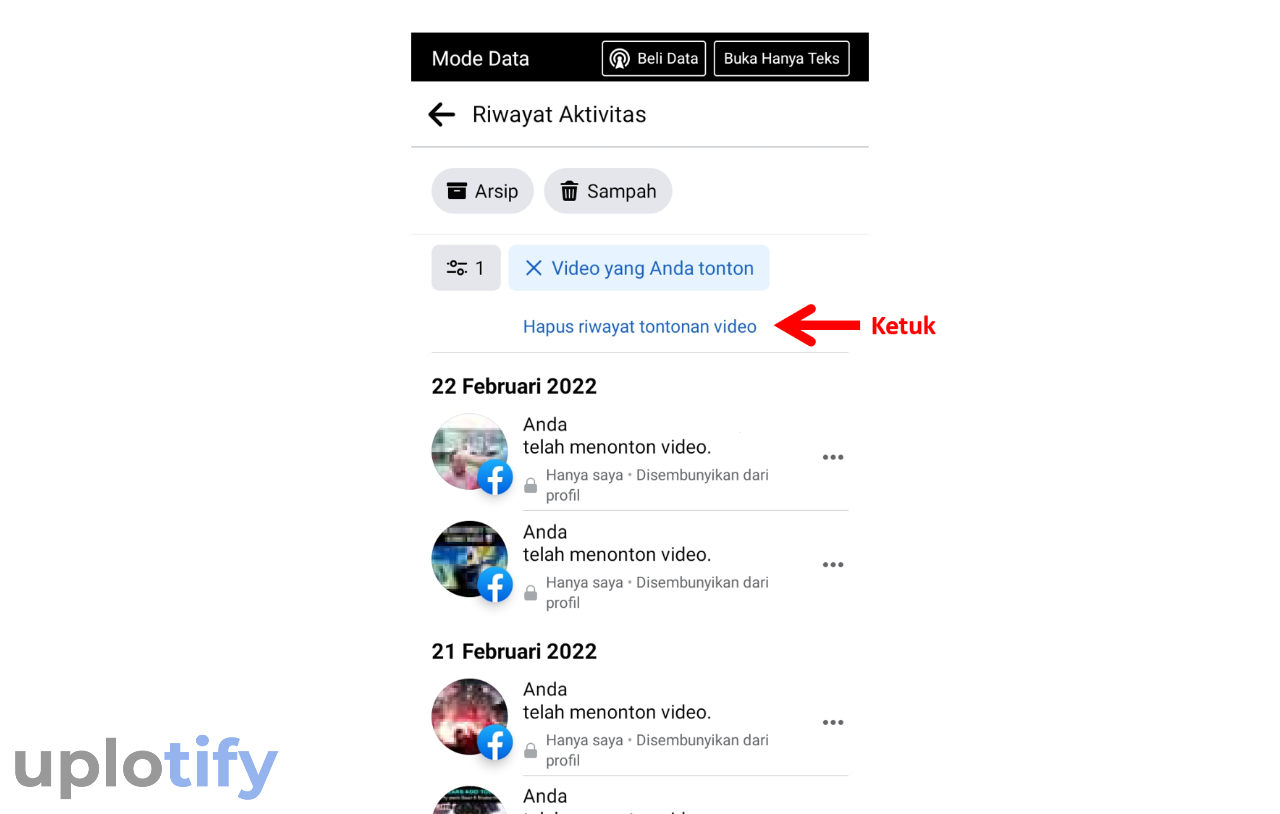 mulai hapus riwayat tontonan video facebook aplikasi