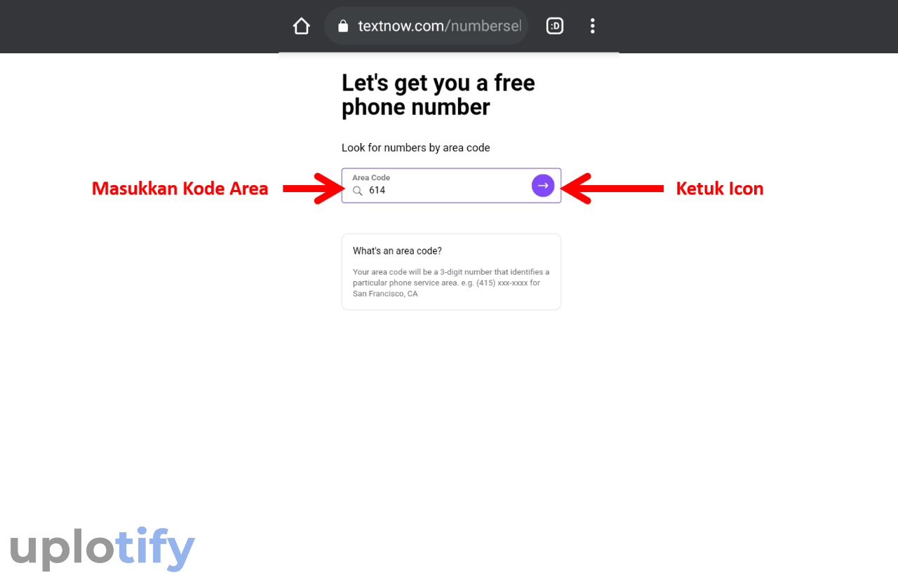 Ketik Kode Area di Textnow