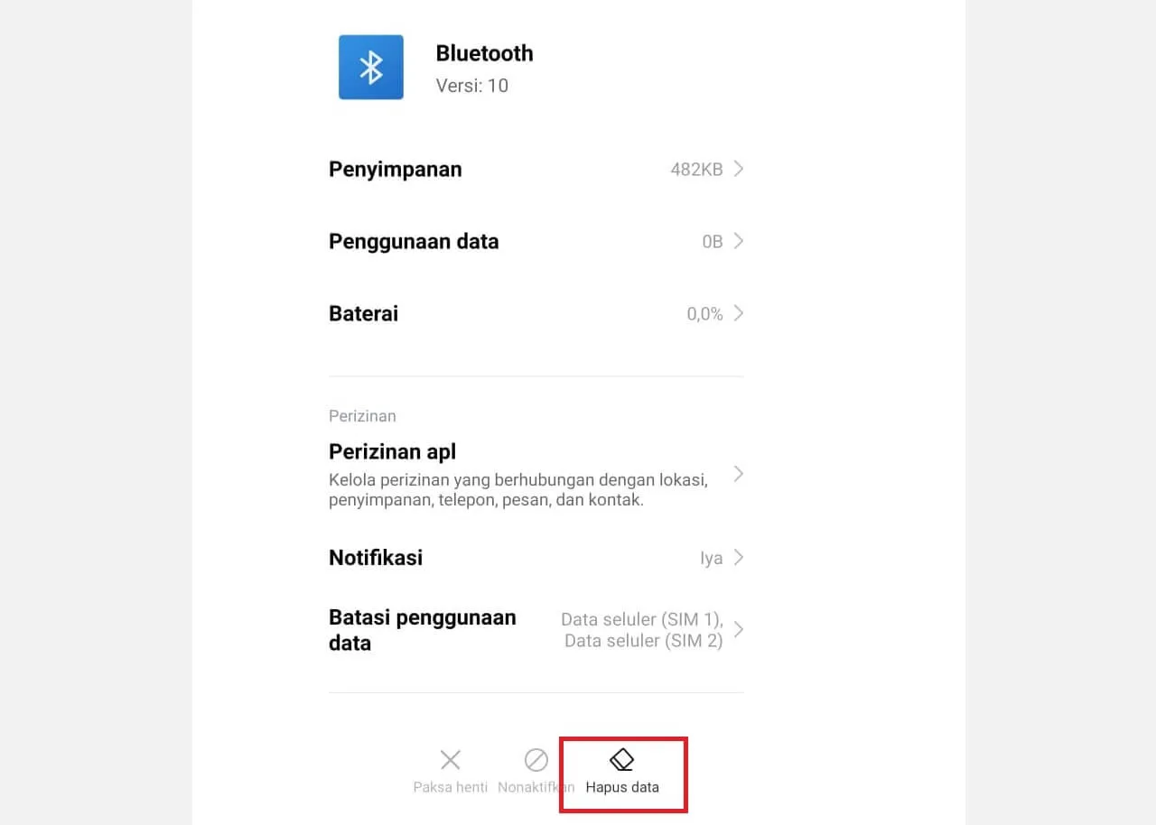 Menu Hapus Data Bluetooth