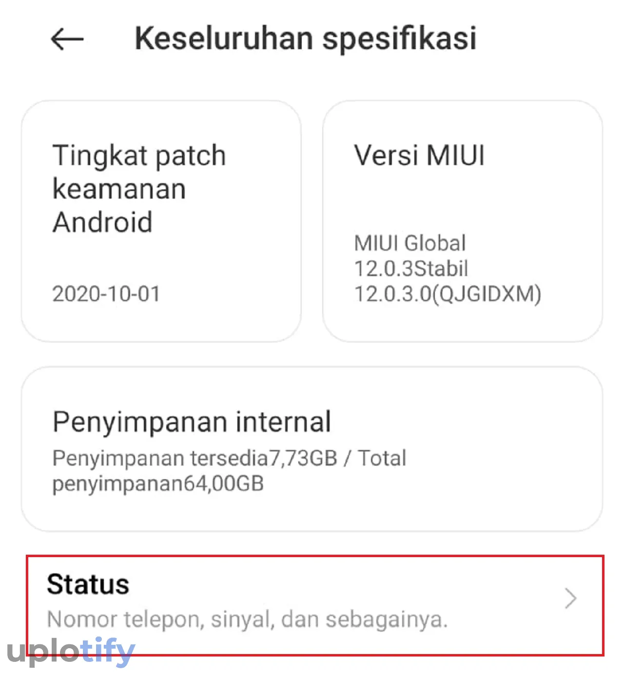 Menu Status di Tentang Telepon HP