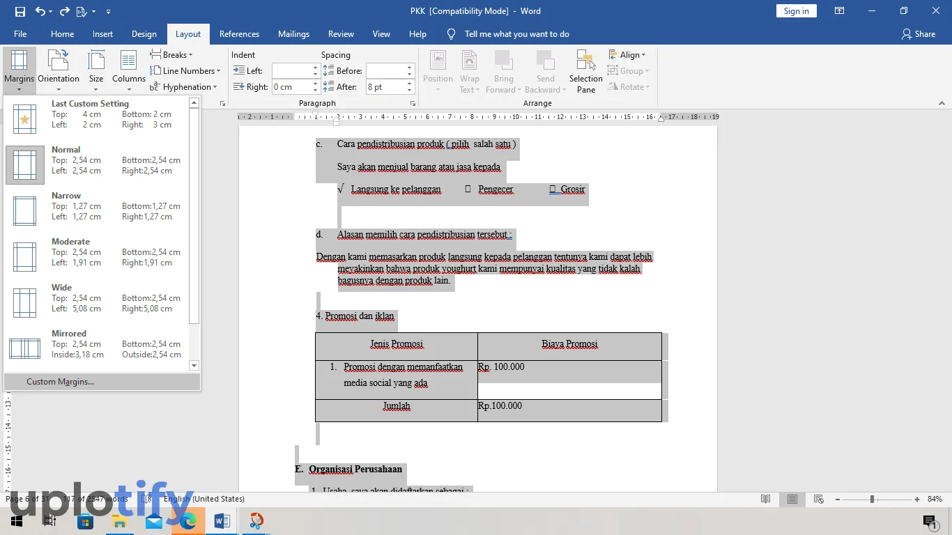 Setting Custom Margin Word