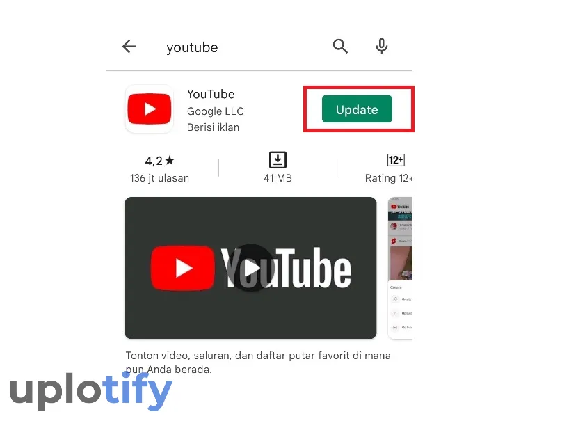 Menu Update Youtube di Playstore