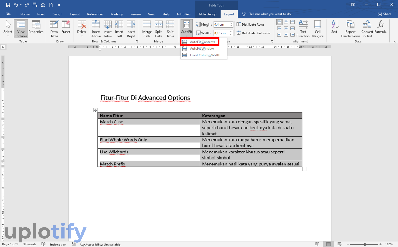 Pilih Opsi AutoFit Contents