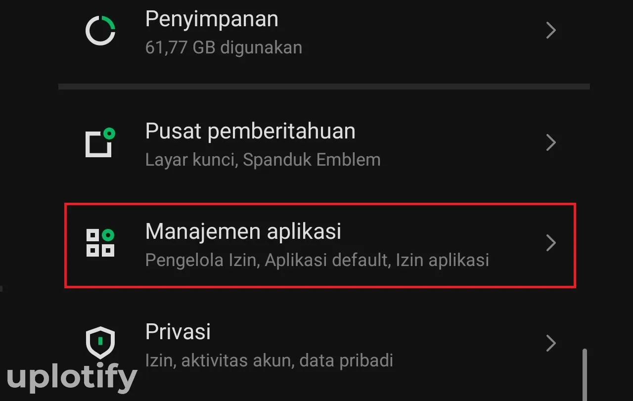 Menu Manajemen Aplikasi di HP