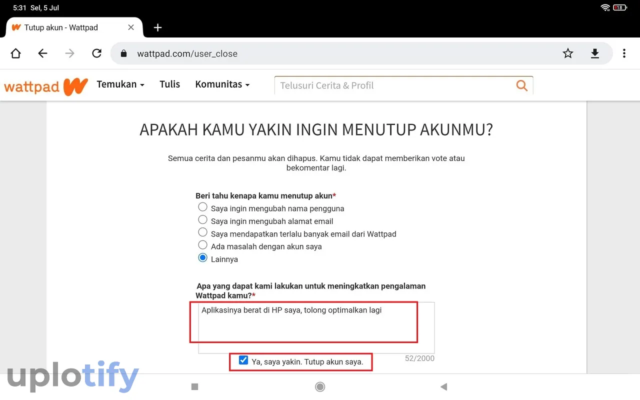 Isi Alasan Hapus Akun Wattpad