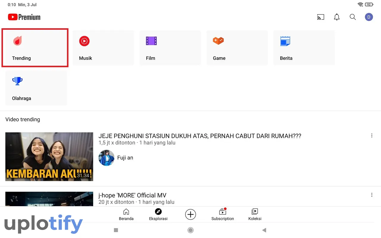 Menu Trending Youtube HP