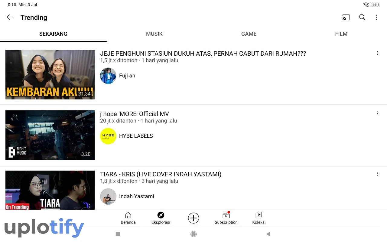 Daftar Konten Trending Youtube HP