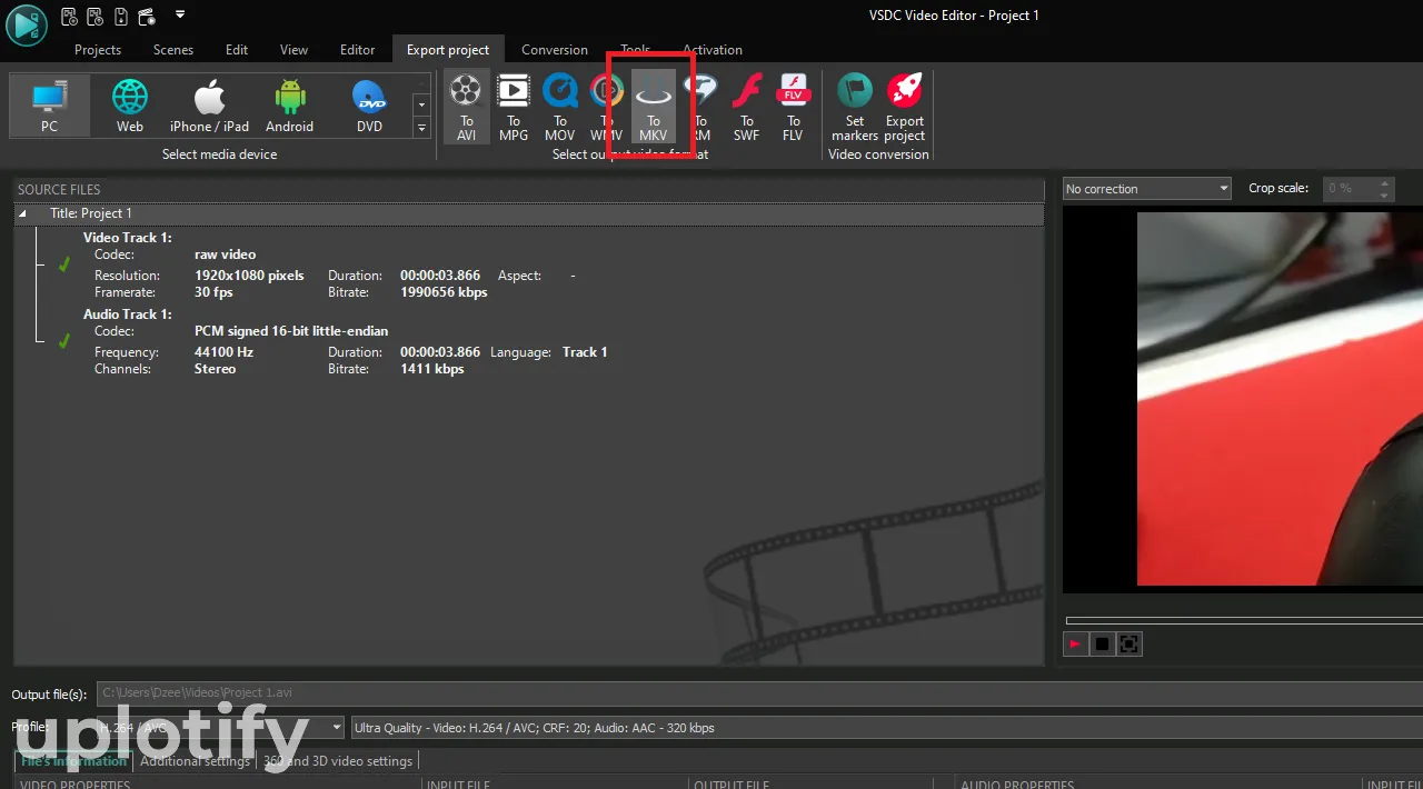 Export Video ke MKV