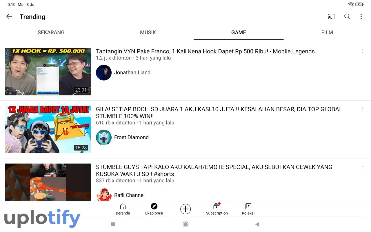 Kategori Trending Youtube di HP