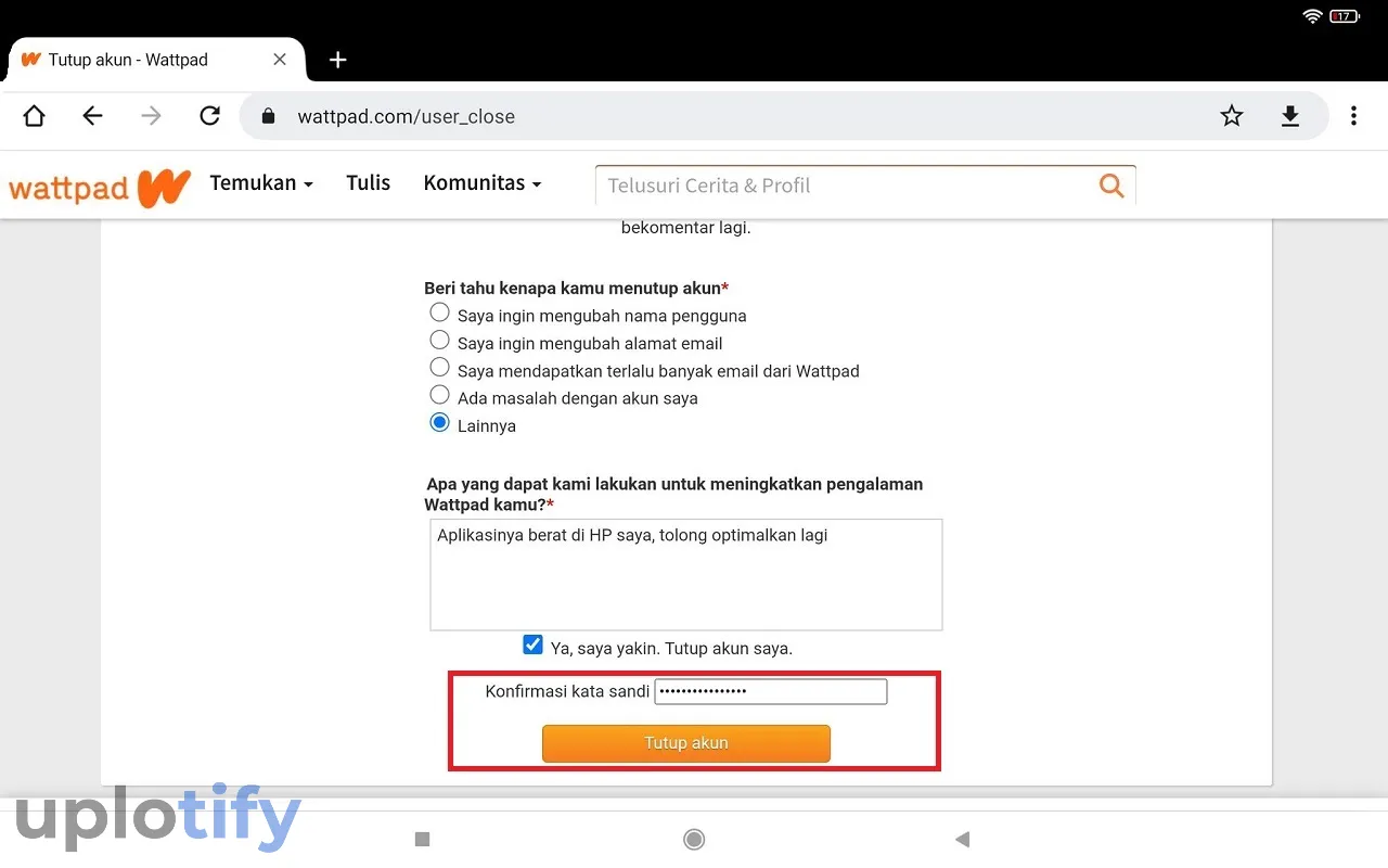 Konfirmasi Penutupan Akun Wattpad