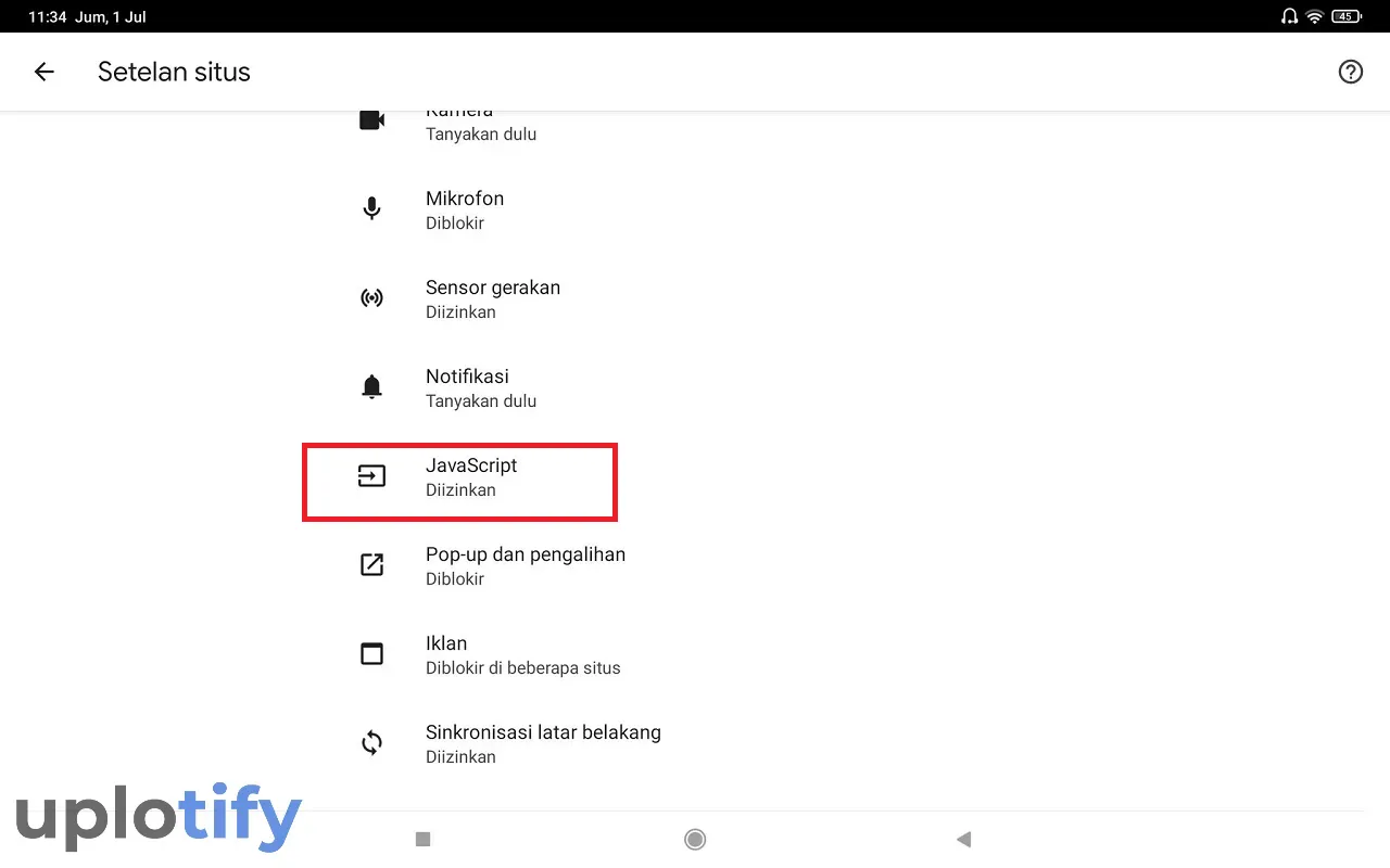 Opsi Javascript Chrome Android