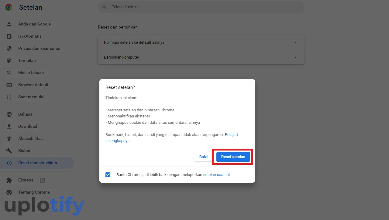 Opsi Reset Setelan Chrome