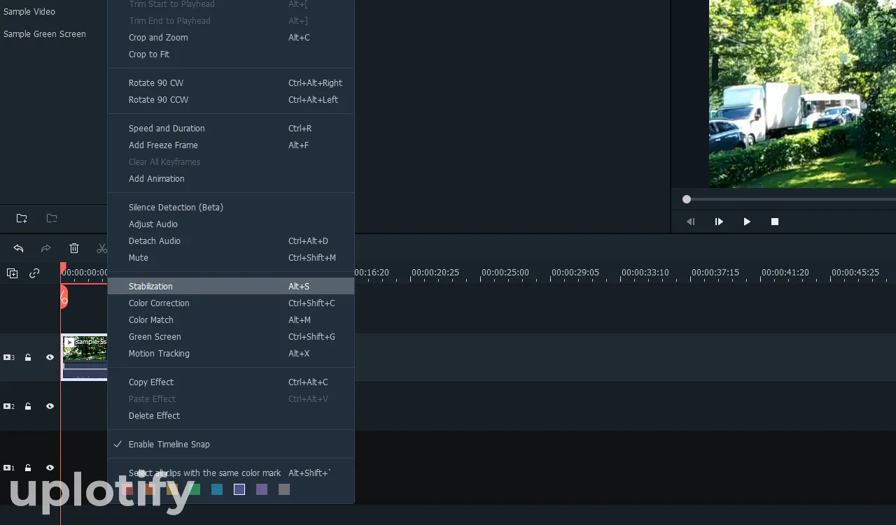 Menu Stabilization Video di Filmora