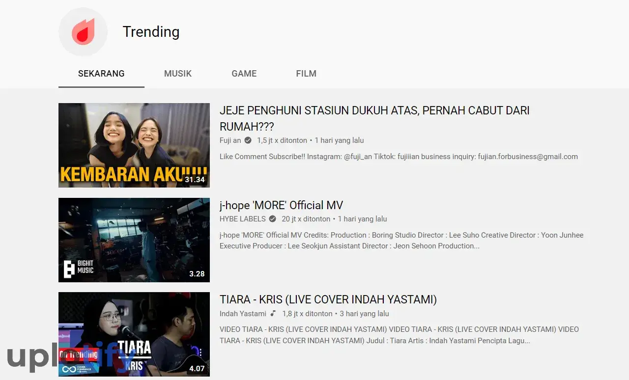 Menu Trending Youtube PC